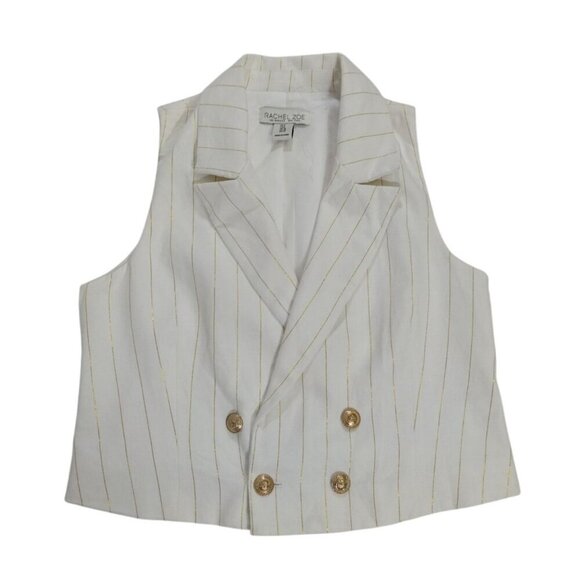 Rachel Zoe White & Gold Pinstripe Linen Blend Double-Breasted Vest Sleeveless 6. - Picture 1 of 8